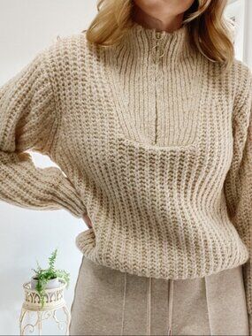Mango Cream Half-Zip Chunky Wool Sweater